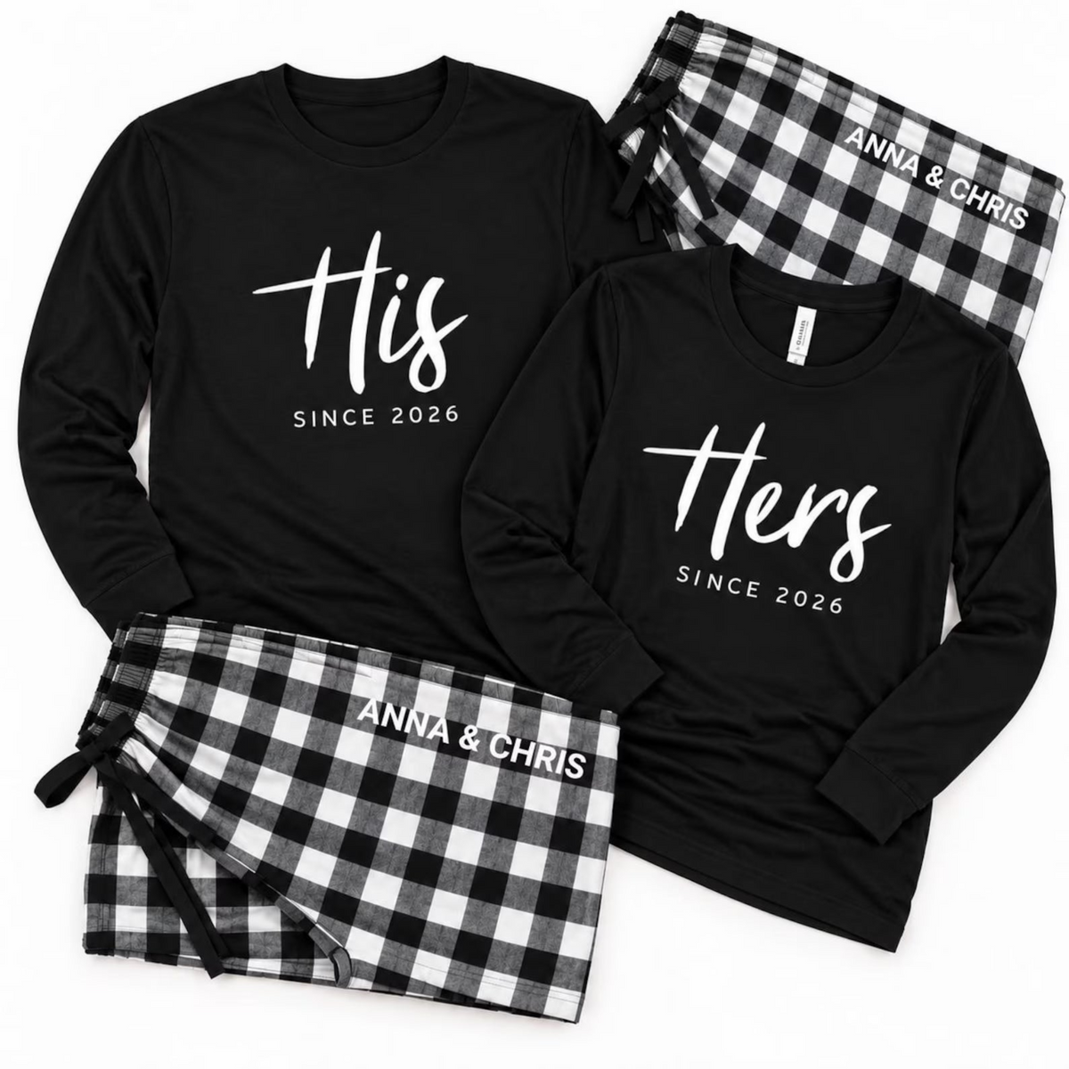 Personalized His and Hers matching pajamas featuring long-sleeve shirts with custom anniversary-year prints and buffalo plaid flannel pajama pants personalized with the names Anna and Chris.