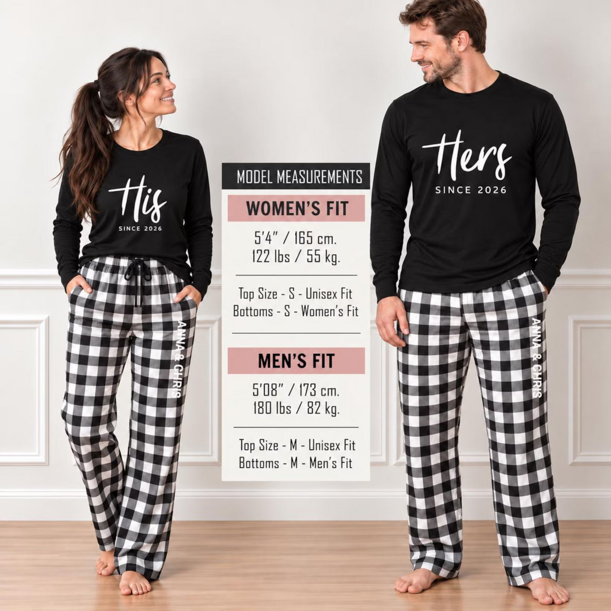 His and Hers matching pajamas model size guide showing a couple wearing personalized long-sleeve shirts and buffalo plaid flannel pajama pants, with model measurements and recommended top and bottom sizes for women's and men's fits.