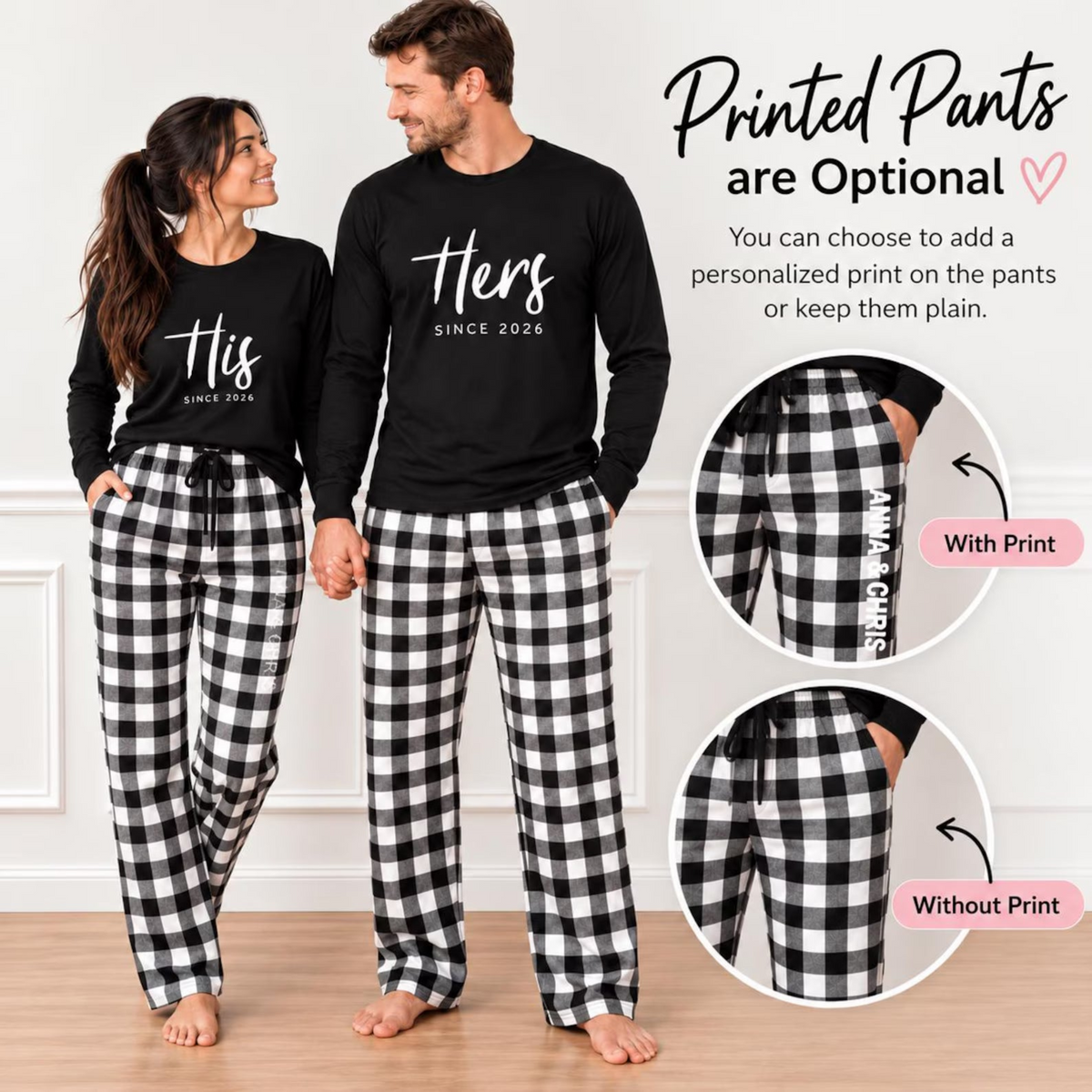His and Hers matching pajamas featuring long-sleeve shirts with custom anniversary-year prints and buffalo plaid flannel pajama pants, illustrated with optional personalized name printing or a plain design.