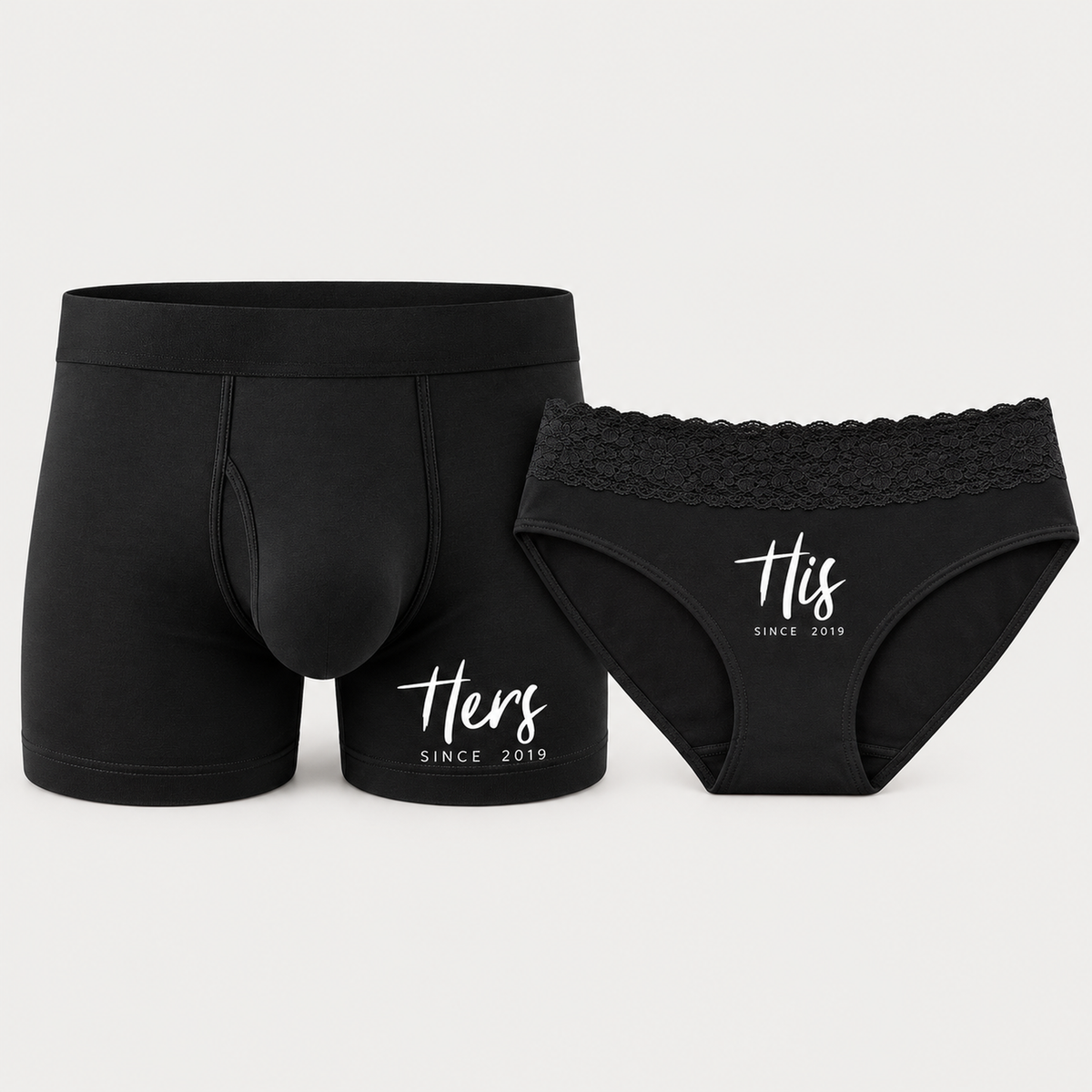Personalized His and Hers matching underwear set featuring coordinating designs with a customizable anniversary year.