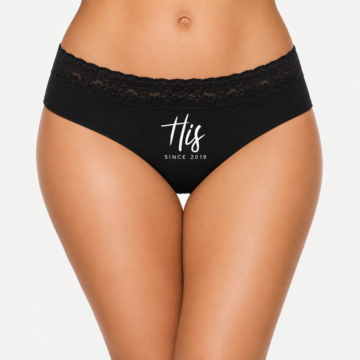 Personalized women's panties with a lace waistband, featuring the white script “His” and the year 2019.