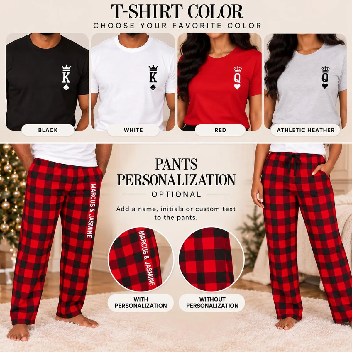 King and Queen matching Christmas pajamas customization guide showing T-shirt color options and personalized buffalo plaid pajama pants with optional custom names, initials, or text.