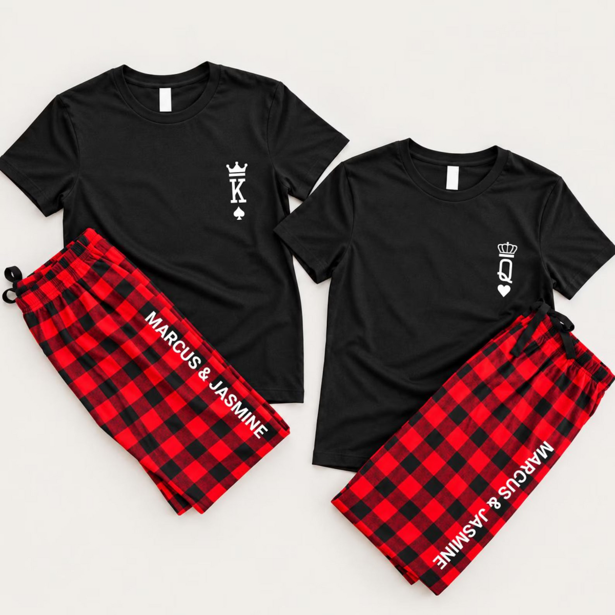 King and Queen matching Christmas pajamas featuring coordinating T-shirts and personalized buffalo plaid flannel pajama pants with custom names.