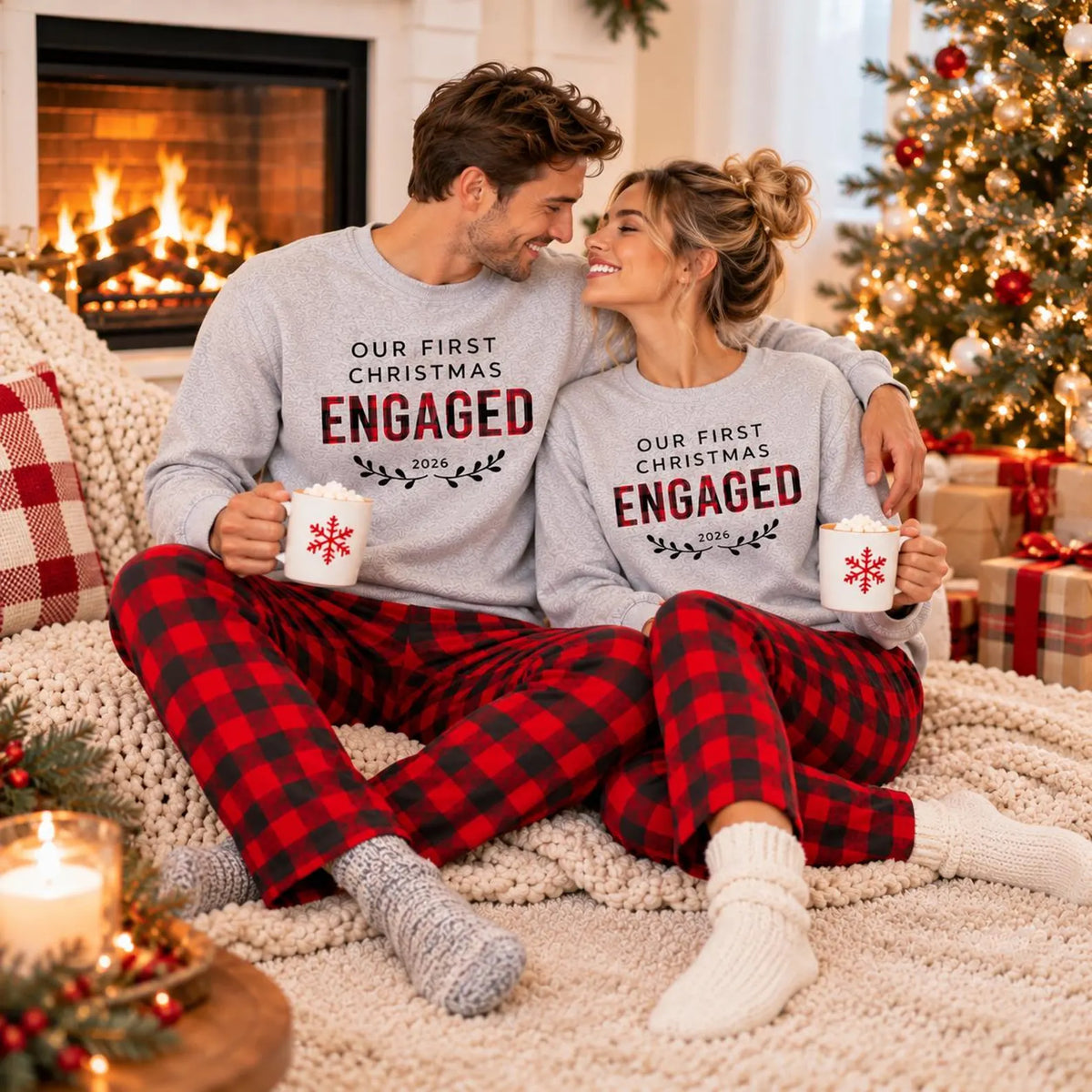 A couple wearing matching personalized Our First Christmas Engaged 2026 sweatshirts and plaid flannel pajama pants while relaxing together by a fireplace and Christmas tree.