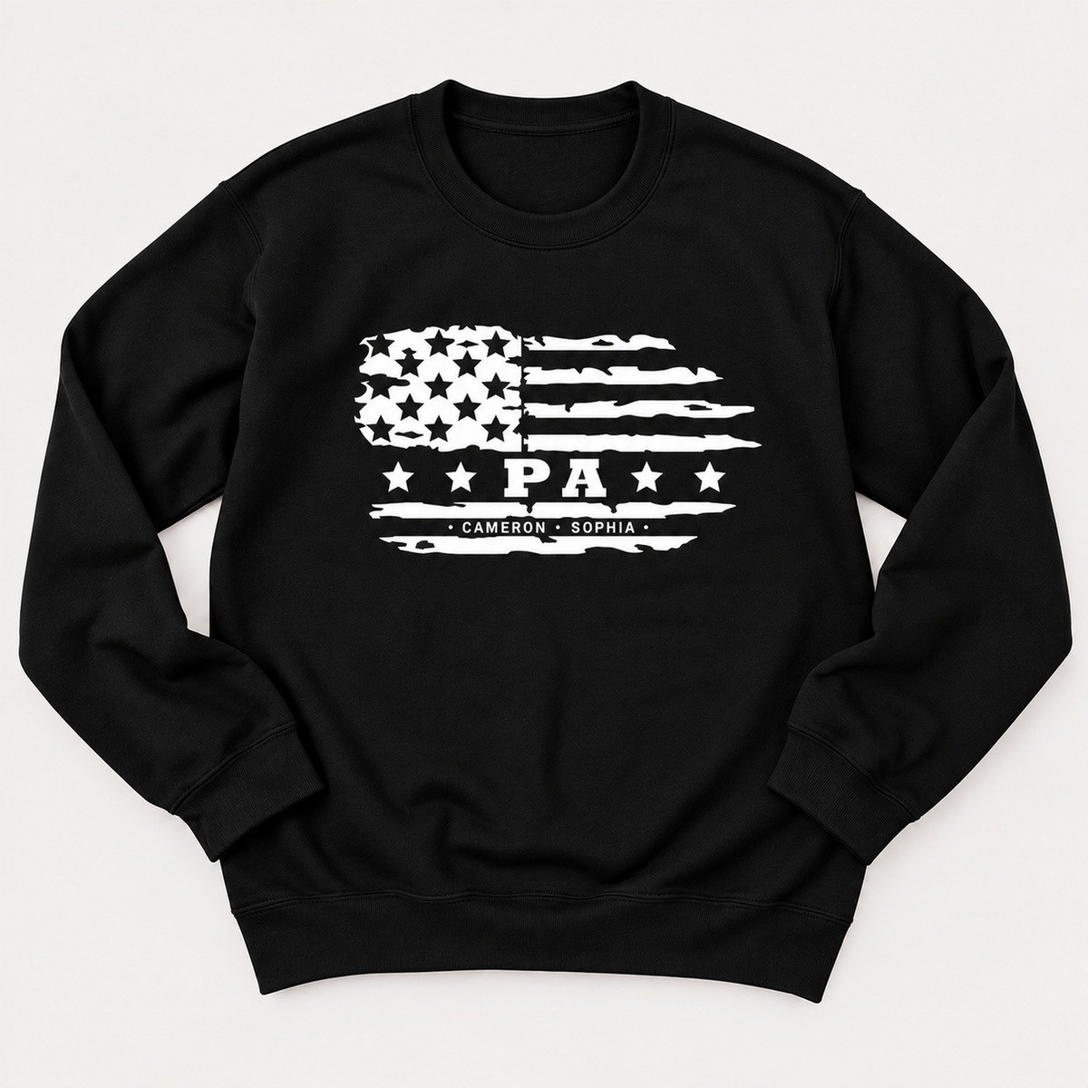Personalized black PA sweatshirt featuring a distressed American flag design, stars, and the names Cameron and Sophia.