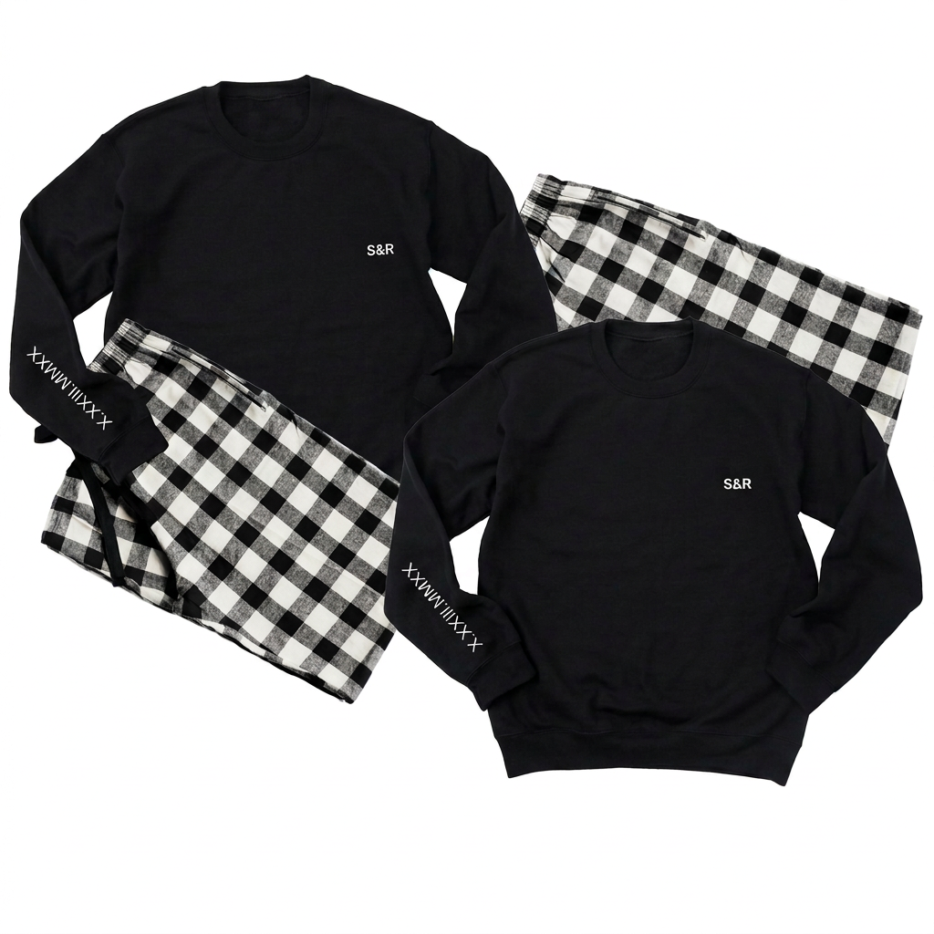 Matching black crewneck sweatshirts with S&R chest initials and Roman numeral sleeve dates, paired with black-and-white plaid pajama pants.