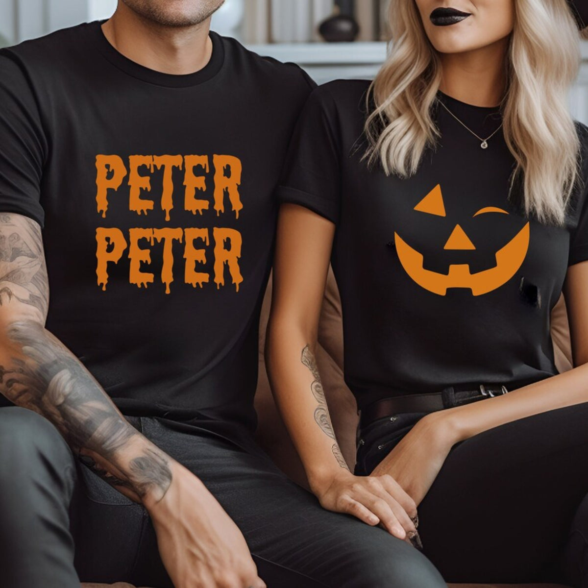 Peter Peter Pumpkin Eater matching Halloween shirts in black with autumn-colored pumpkin designs for couples