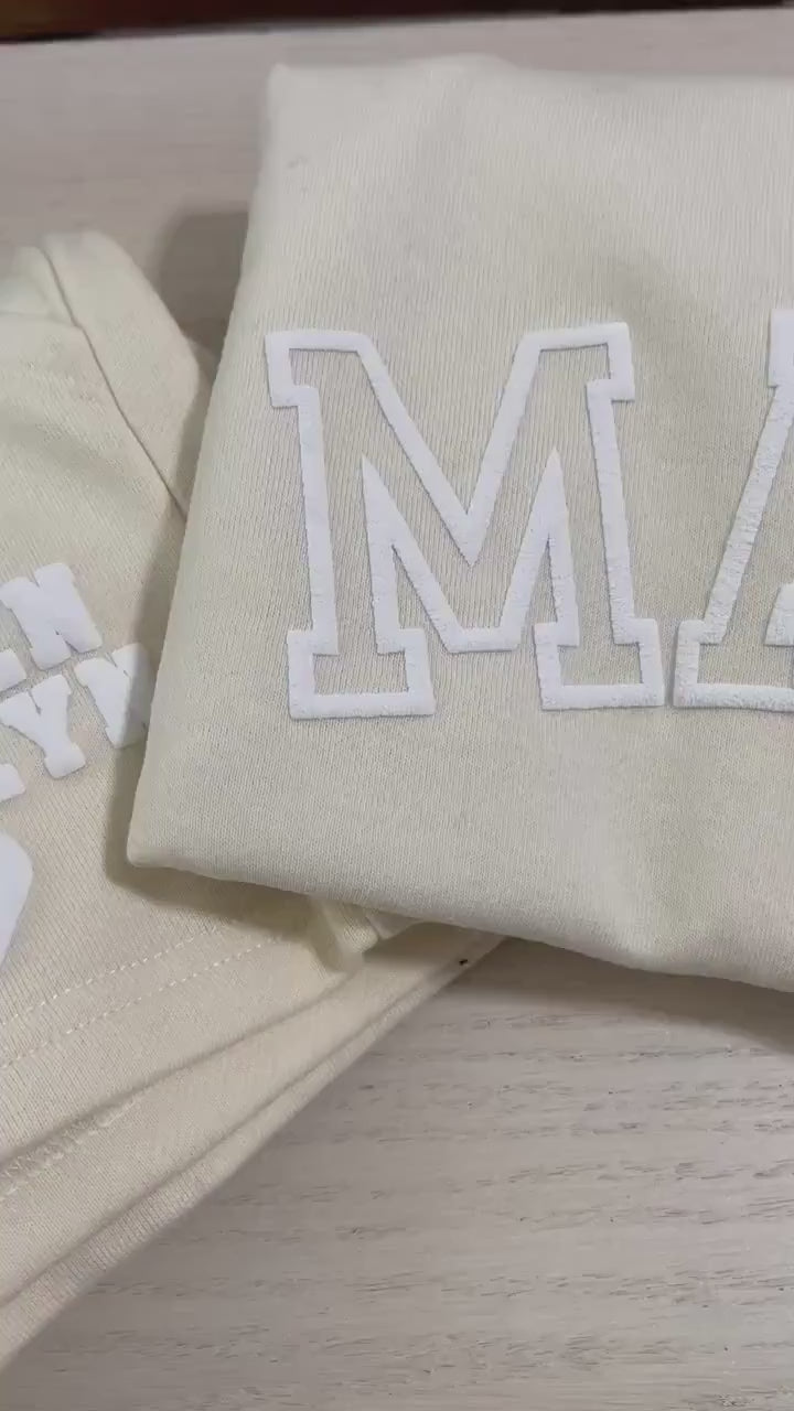 Load video: Personalized Mama Sweatshirt &amp; Shorts Set with Kids' Names | Custom Mom Lounge Outfit