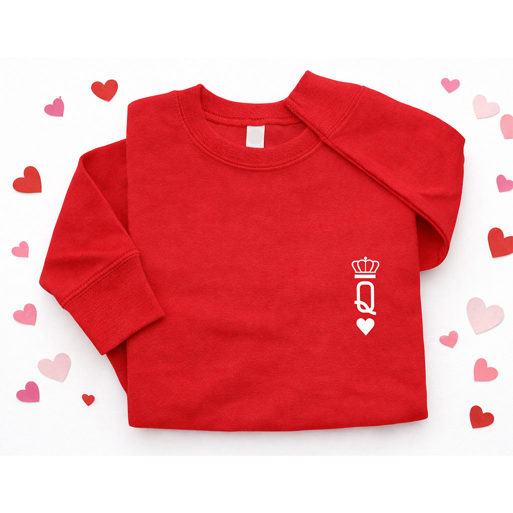 Red adult Valentine’s Day sweatshirt with Queen card graphic, displayed on white background with heart decorations