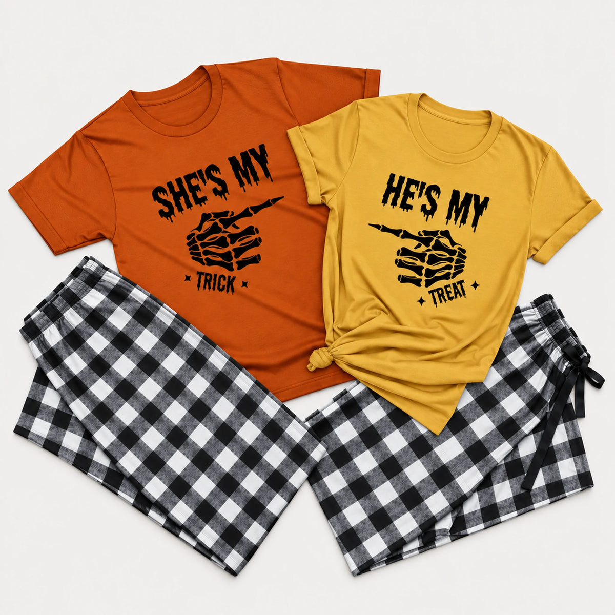 She's My Trick and He's My Treat Halloween matching pajamas with autumn and mustard T-shirts and black and white buffalo plaid flannel pants