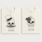 Skull couple matching Halloween shirts in natural color featuring coordinated His and Hers skeleton designs