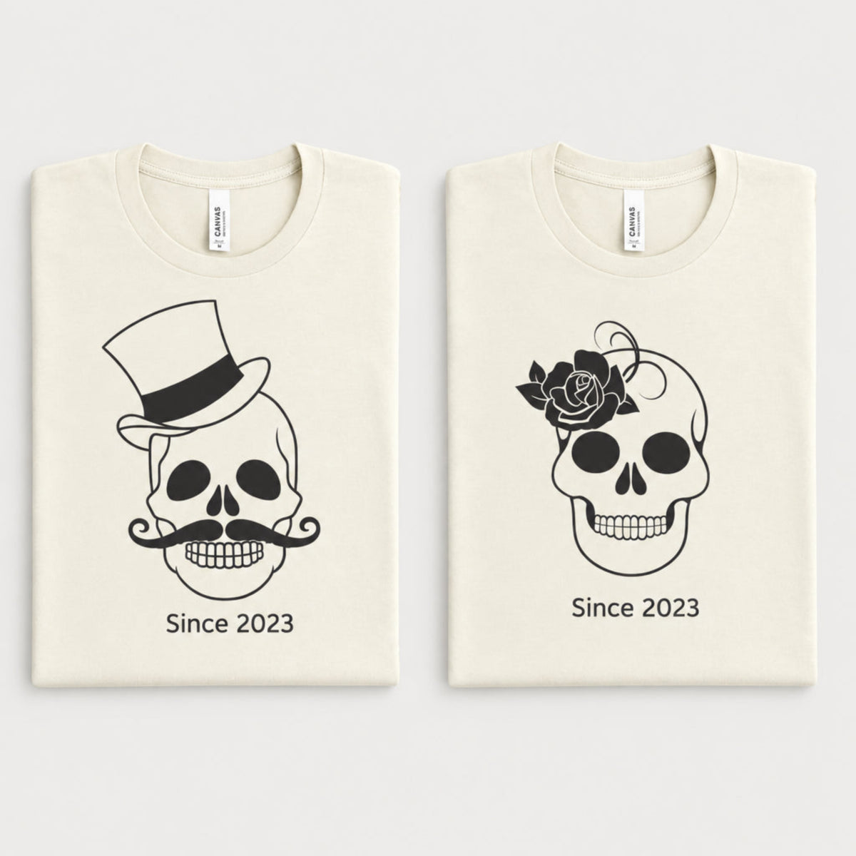 Skull couple matching Halloween shirts in natural color featuring coordinated His and Hers skeleton designs