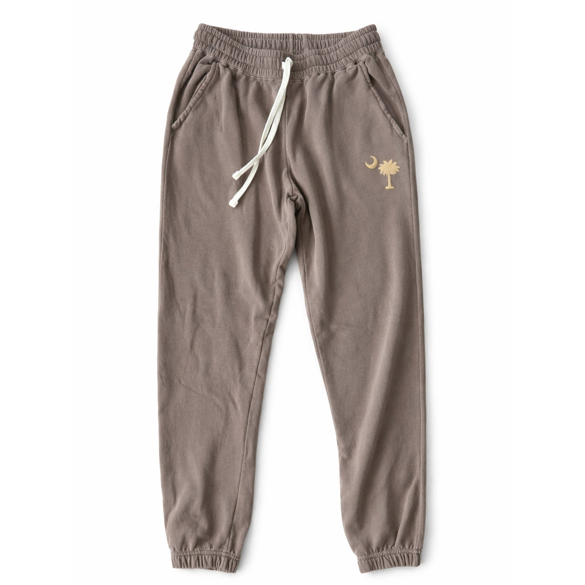 Espresso unisex sweatpants featuring South Carolina palm and moon puff print detail below pocket