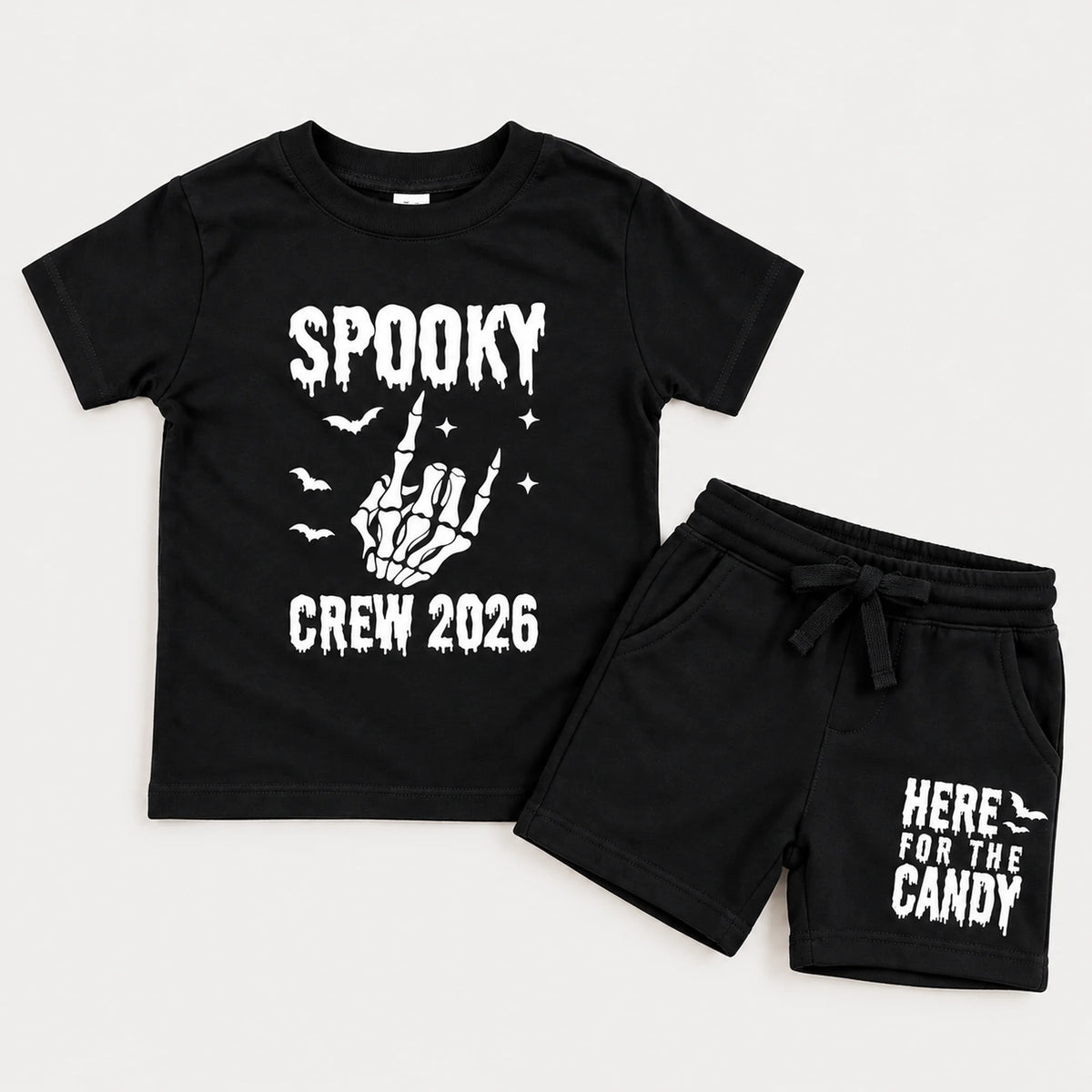 Spooky Crew 2026 Halloween shirt and shorts set for boys with skeleton hand, bats, and Here for the Candy design