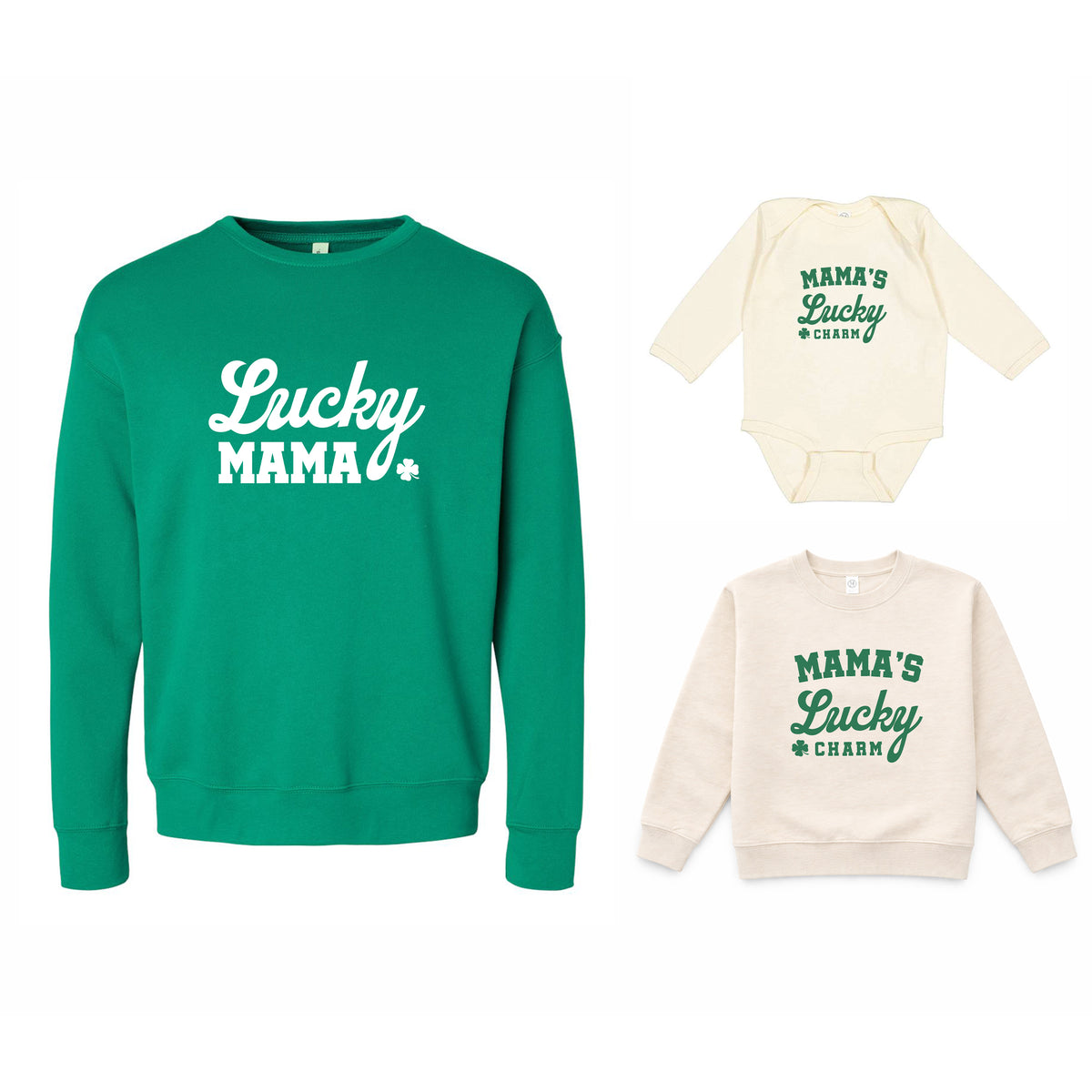 Lucky Mama and Mama’s Lucky Charm St. Patrick’s Day matching sweatshirts and baby bodysuit set.