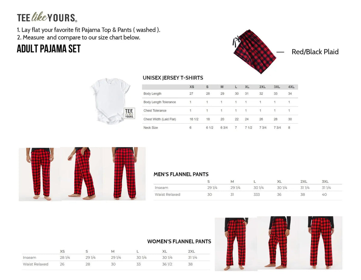 TeeLikeYours adult Christmas pajama size chart showing unisex T-shirt measurements and men’s and women’s flannel pajama pants sizing, including inseam and relaxed waist measurements.