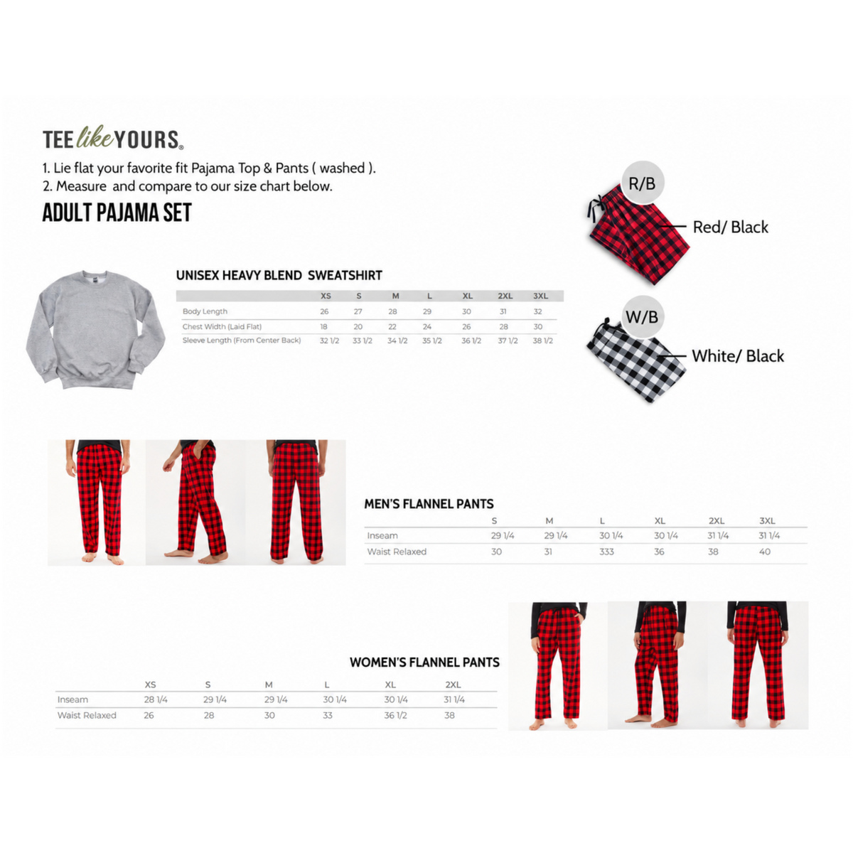 TeeLikeYours adult pajama set size chart showing unisex sweatshirt measurements, men's and women's flannel pajama pants sizing, and red-and-black and white-and-black plaid options.