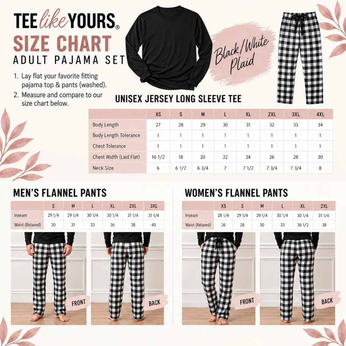 TeeLikeYours adult pajama size chart showing unisex long-sleeve jersey T-shirt measurements and men’s and women’s flannel pajama pants sizing, including body length, chest width, inseam, and relaxed waist measurements.