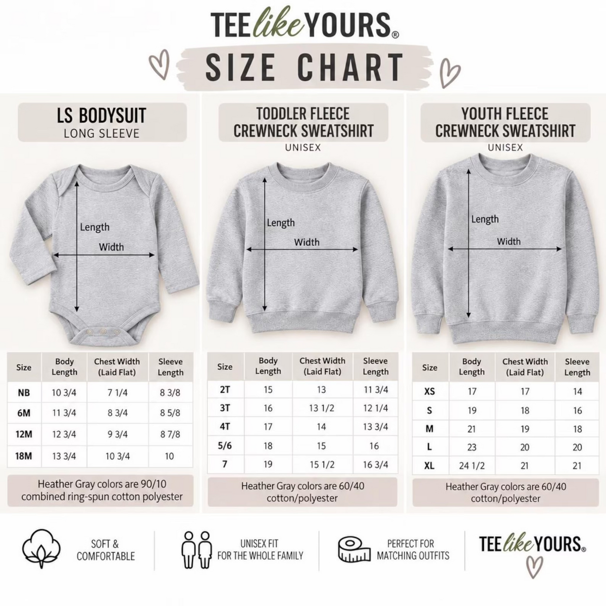 TeeLikeYours size chart for long-sleeve baby bodysuits, toddler fleece crewneck sweatshirts, and youth fleece crewneck sweatshirts. Includes garment length, chest width, sleeve length, and available sizes from newborn to youth XL, with fabric composition details for each garment style.