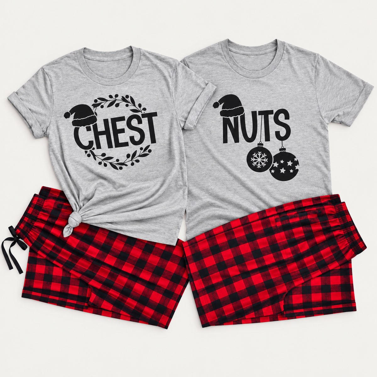 Funny Chest & Nuts matching Christmas pajamas featuring athletic heather T-shirts with black holiday graphics and matching red-and-black buffalo plaid pajama shorts for couples.