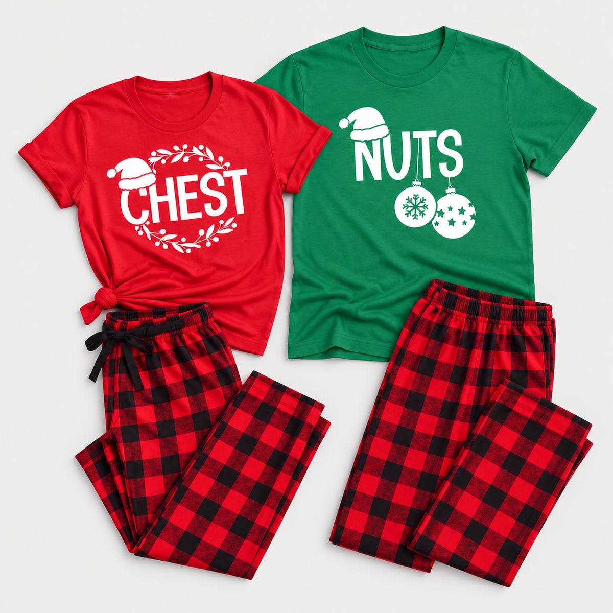 Funny Chest & Nuts matching Christmas pajamas for couples featuring printed T-shirts and folded buffalo plaid flannel pajama pants in a clean studio flat lay.