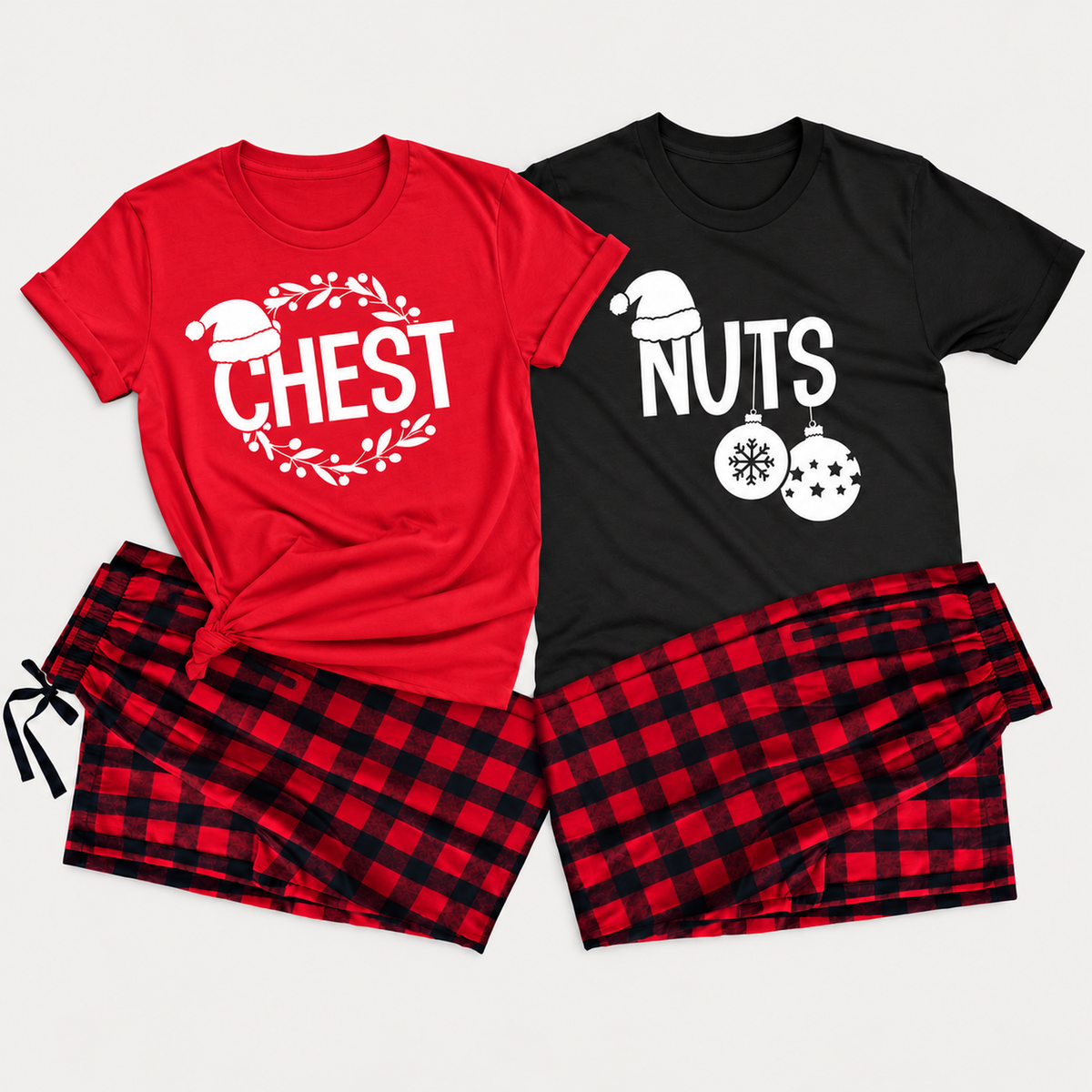Funny Chest & Nuts matching Christmas pajamas featuring a red women's T-shirt with a white chestnut wreath design, a black men's T-shirt with white Christmas ornament graphics, and matching buffalo plaid pajama shorts.