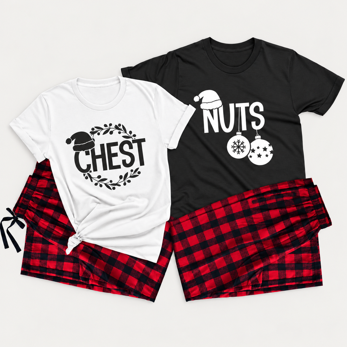 Funny Chest & Nuts matching Christmas pajama sets featuring a white women's T-shirt with a chestnut wreath design, a black men's T-shirt with Christmas ornaments, and matching buffalo plaid pajama shorts.