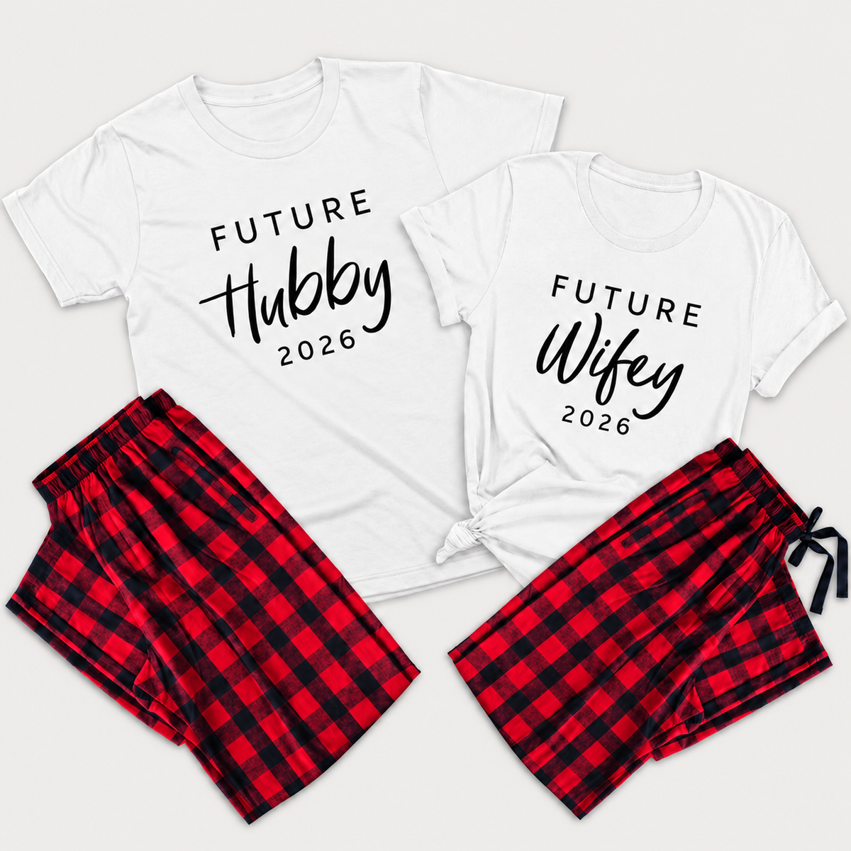 Matching Future Hubby and Future Wifey T-shirts with 2026 prints and red and black buffalo plaid pajama shorts for couples.