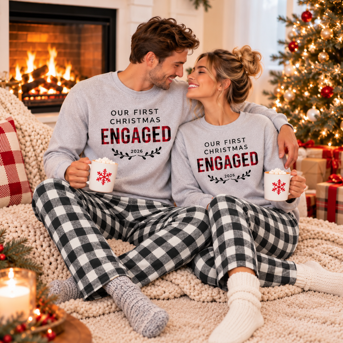 A couple wearing matching Our First Christmas Engaged 2026 sweatshirts and black-and-white buffalo plaid flannel pajama pants, relaxing together with mugs beside a fireplace and decorated Christmas tree.
