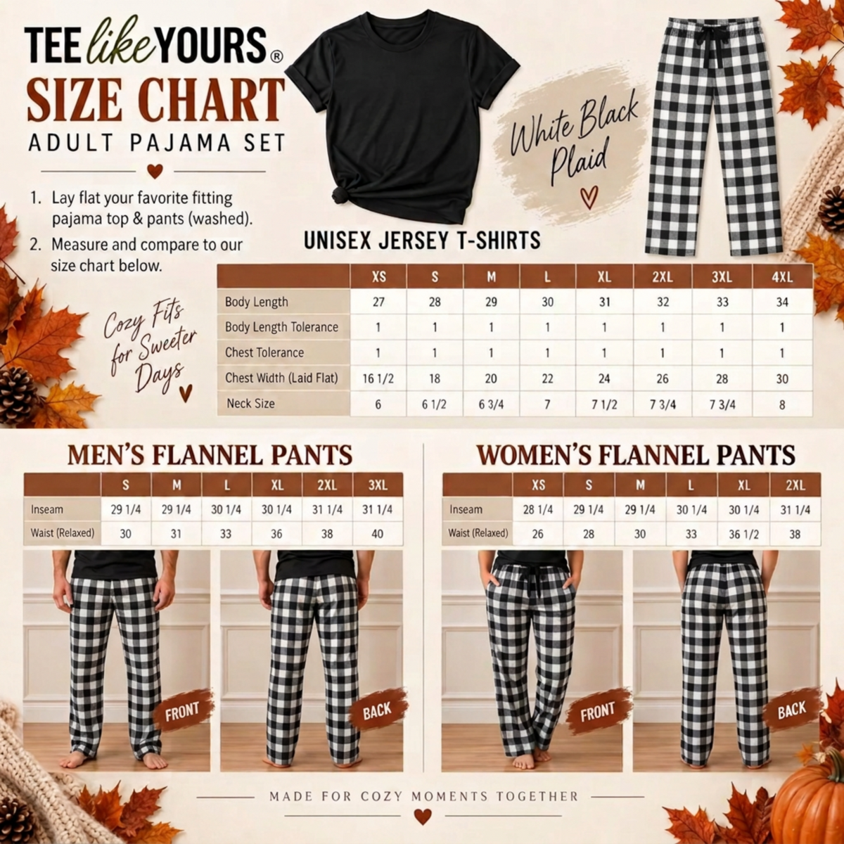 TeeLikeYours adult pajama size chart featuring a black unisex jersey T-shirt and white-and-black plaid flannel pajama pants, with sizing measurements for unisex T-shirts and men's and women's flannel pants.