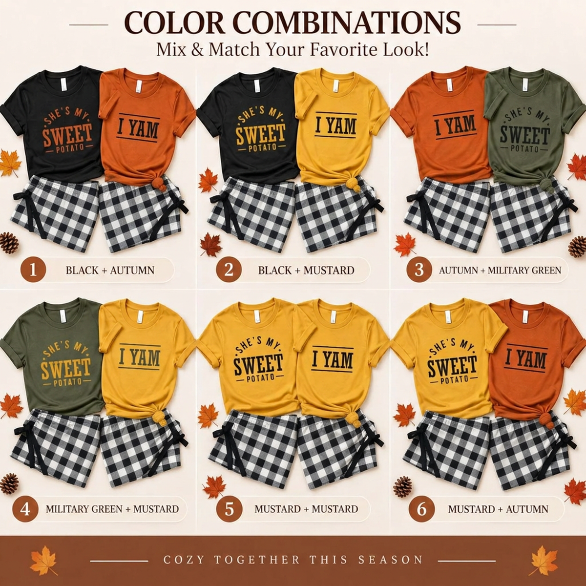 Six Thanksgiving matching pajama color combinations featuring She's My Sweet Potato and I Yam graphic T-shirts paired with black-and-white buffalo plaid pajama shorts.