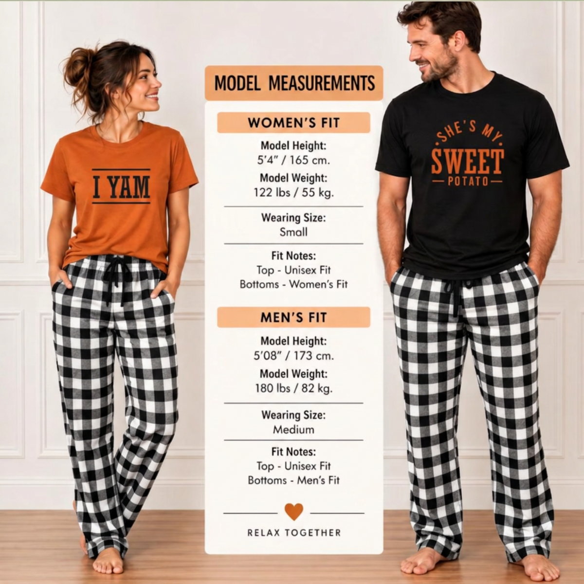 Couple's pajama model measurements guide featuring a woman wearing a mustard I Yam T-shirt and white-and-black plaid flannel pajama pants, and a man wearing a black She's My Sweet Potato T-shirt with matching plaid flannel pajama pants.