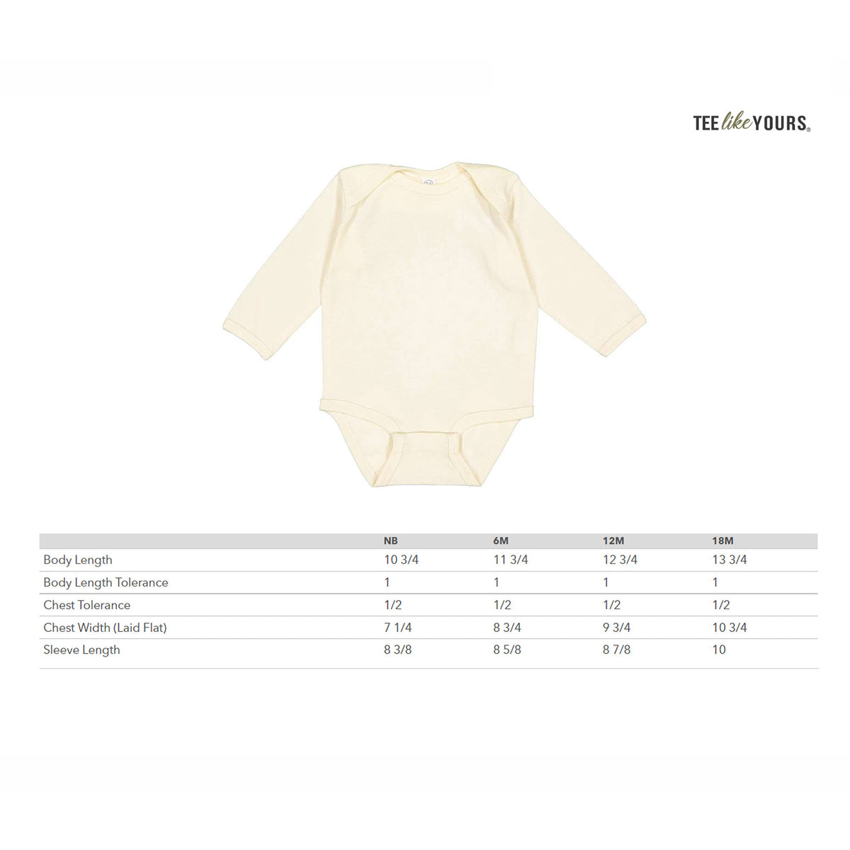 Baby long sleeve bodysuit size chart with newborn to 18 month measurements.