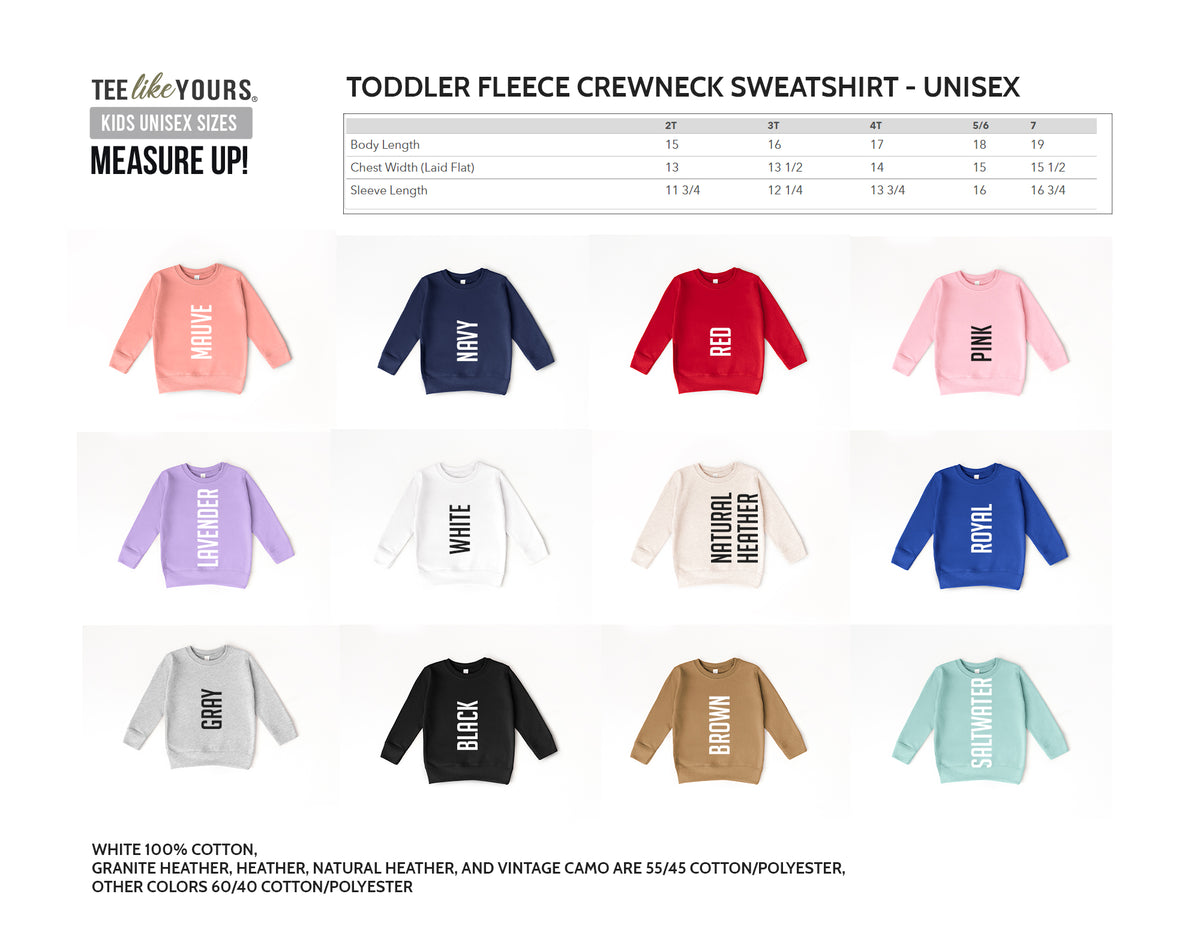 Long sleeve toddler sweatshirt size chart with color options for Valentine’s Day matching mom and daughter outfits
