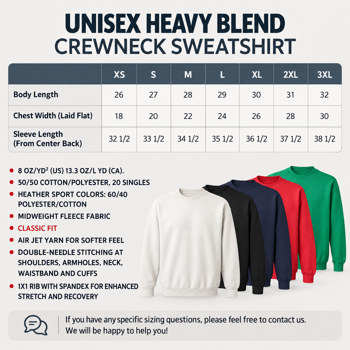 Unisex Heavy Blend crewneck sweatshirt size chart showing body length, chest width, sleeve length, fabric features, and sweatshirt style examples.