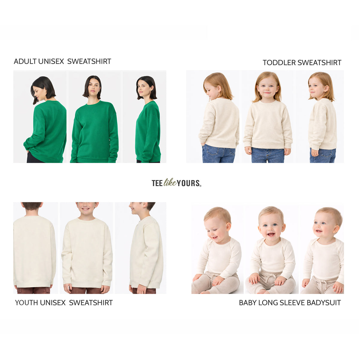 Unisex sponge fleece crewneck sweatshirt size chart with body length and chest width measurements.