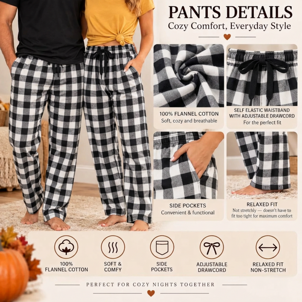 White-and-black plaid flannel pajama pants featuring 100% cotton fabric, an elastic waistband with adjustable drawstring, side pockets, and a relaxed fit, shown on a man wearing a black T-shirt and a woman wearing a mustard T-shirt.