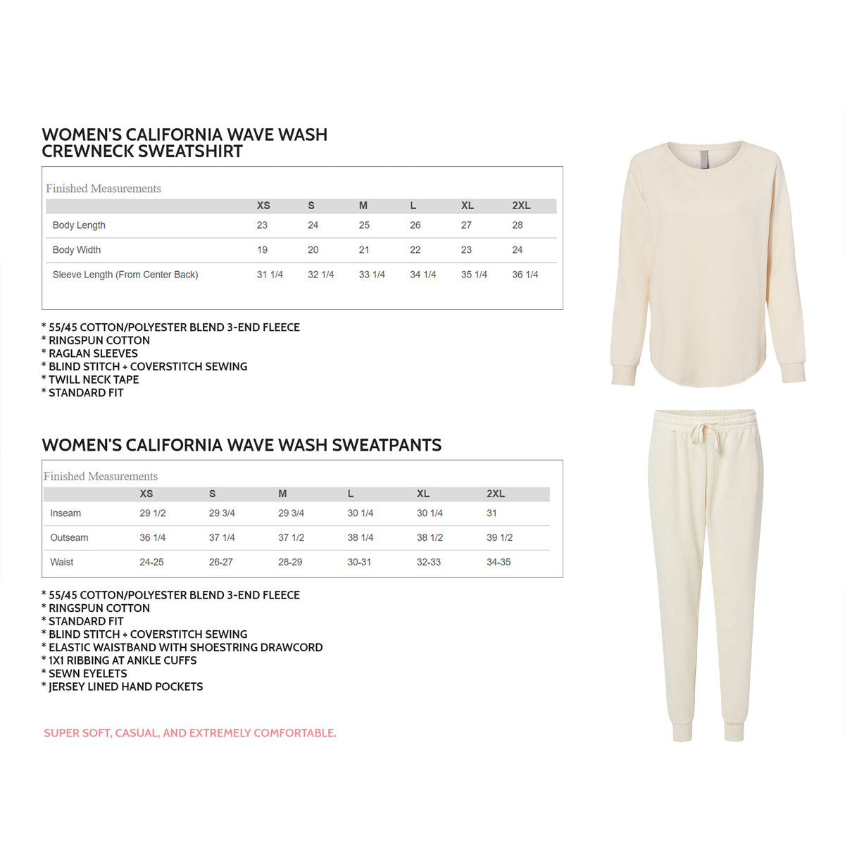 Women’s crewneck sweatshirt and California wave wash sweatpants size guide with finished measurements.