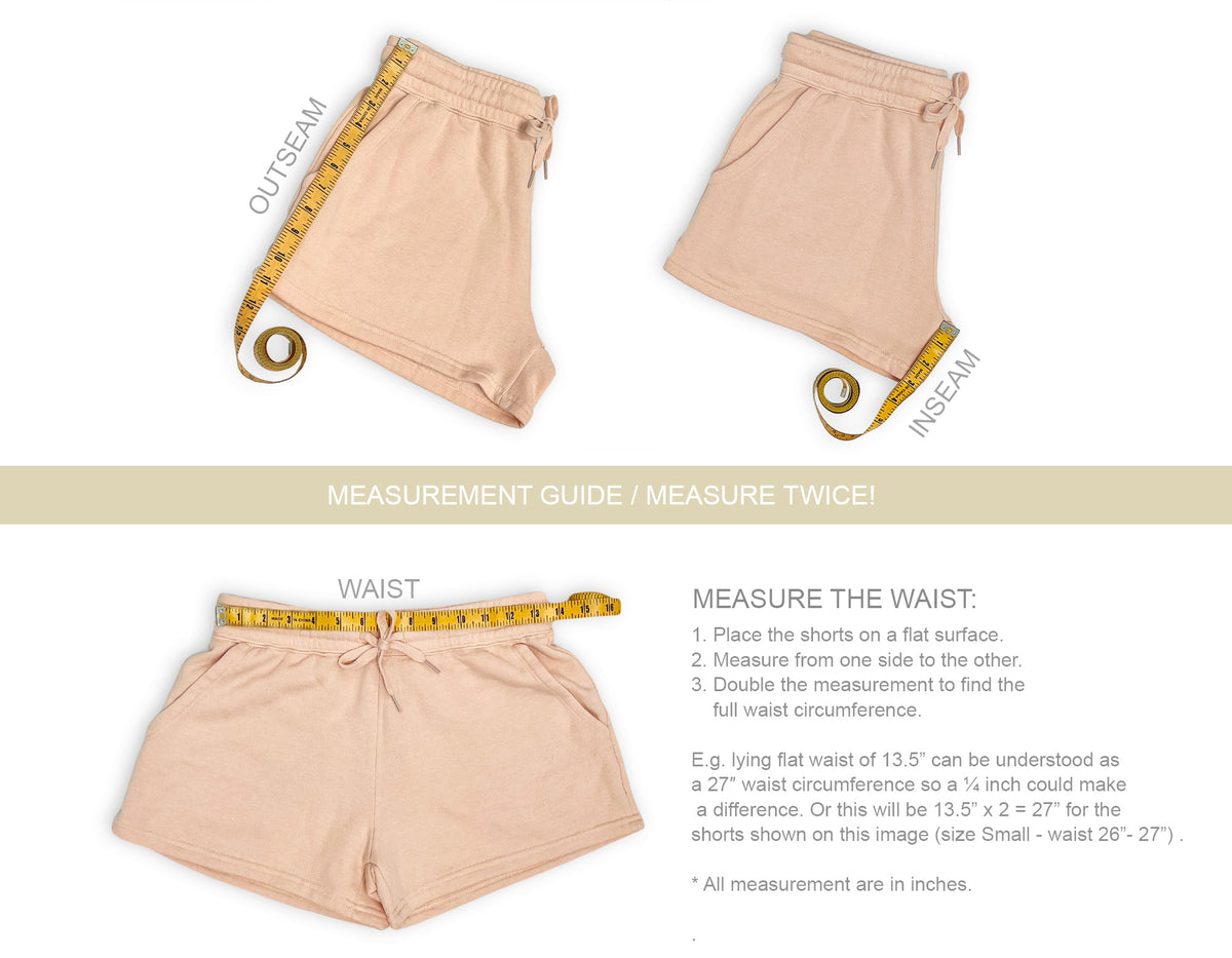 Measurement guide for women’s lightweight sweatshorts showing waist, inseam, and outseam instructions with size chart in inches.