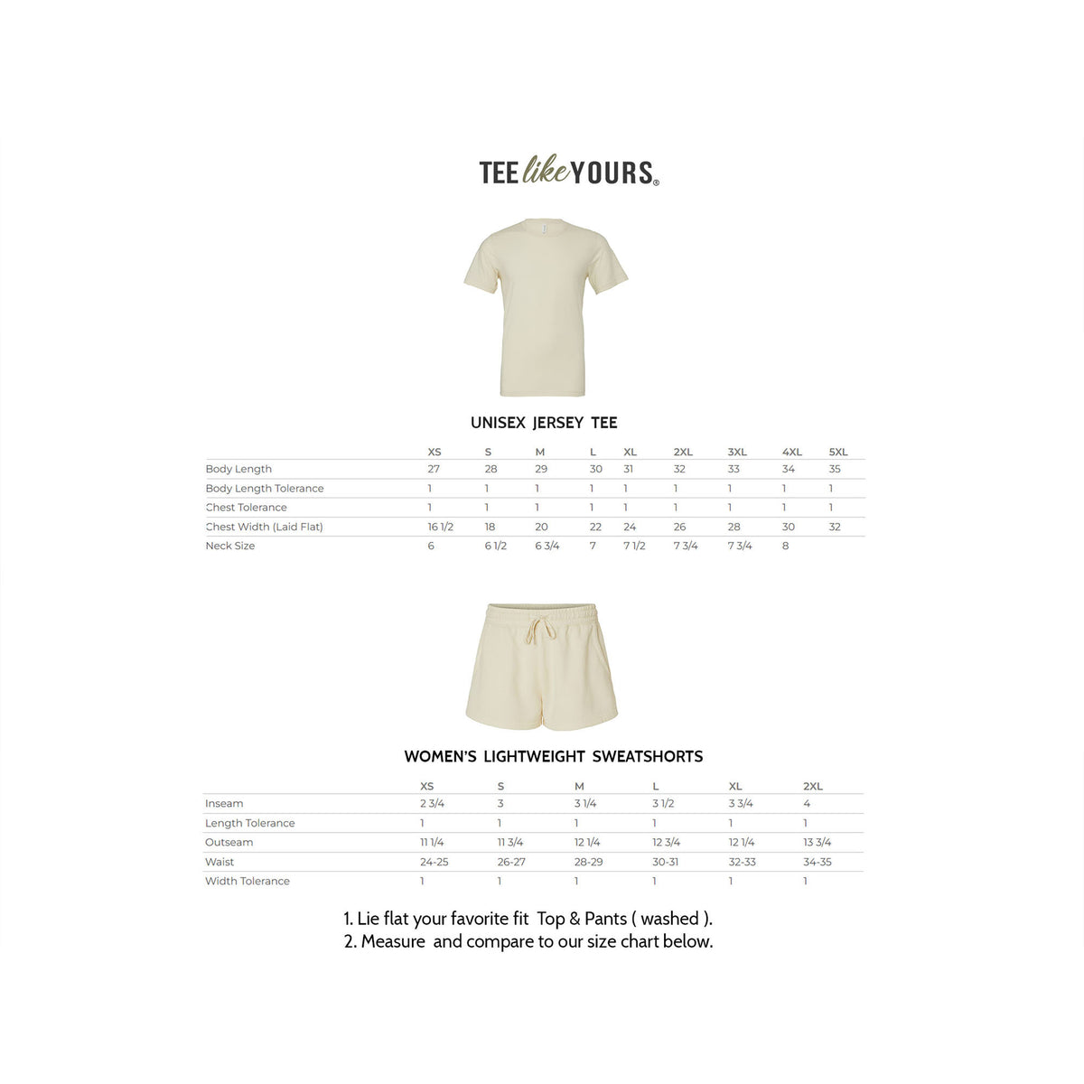 Women’s lightweight sweatshorts size chart showing inseam, outseam, and waist measurements.