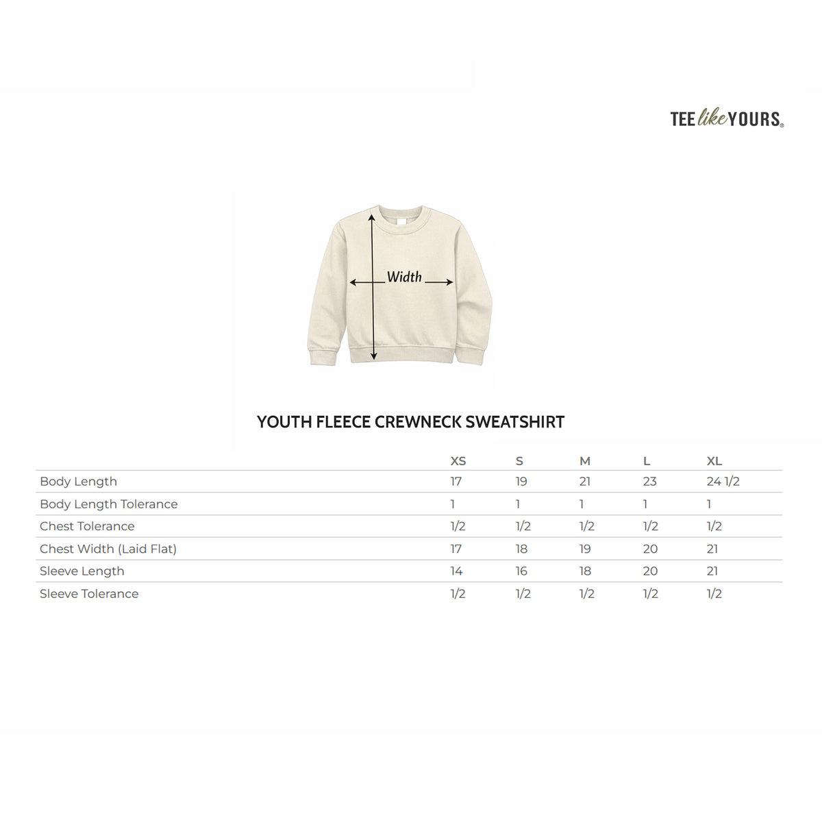 Youth fleece crewneck sweatshirt size chart with body length, chest width, and sleeve measurements.