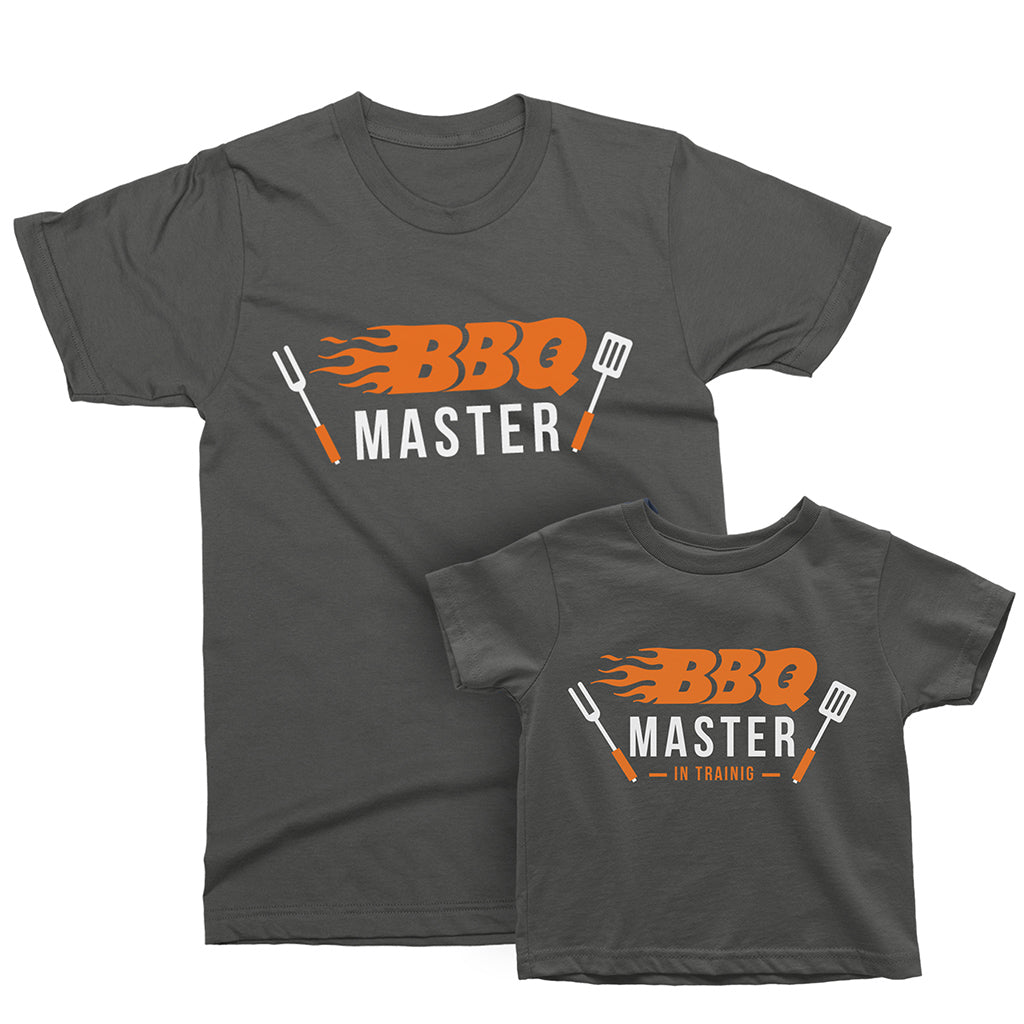 BBQ master and BBQ master in training Father Son, Daughter, Baby Matching T-shirts by TeeLikeYours.com in Asphalt