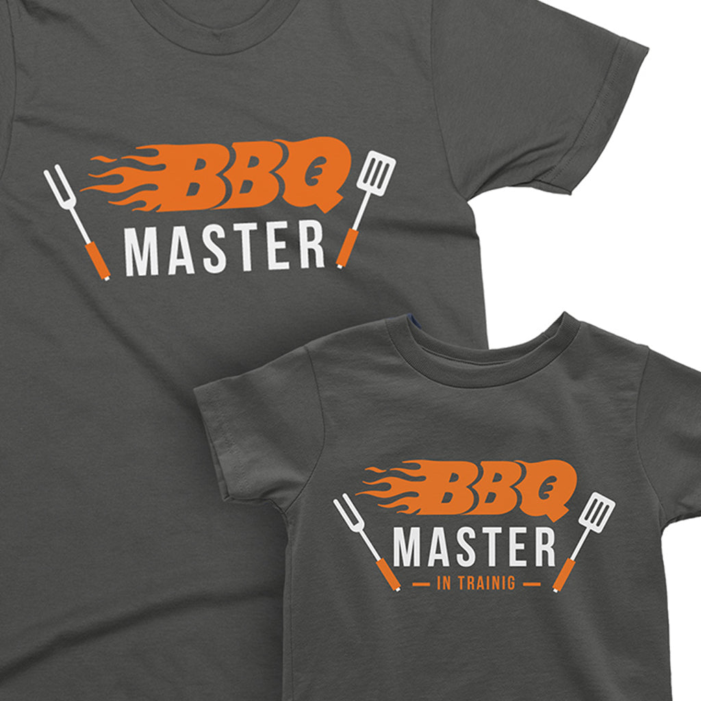 BBQ master and BBQ master in training Father Son, Daughter, Baby Matching T-shirts by TeeLikeYours.com in Asphalt Color