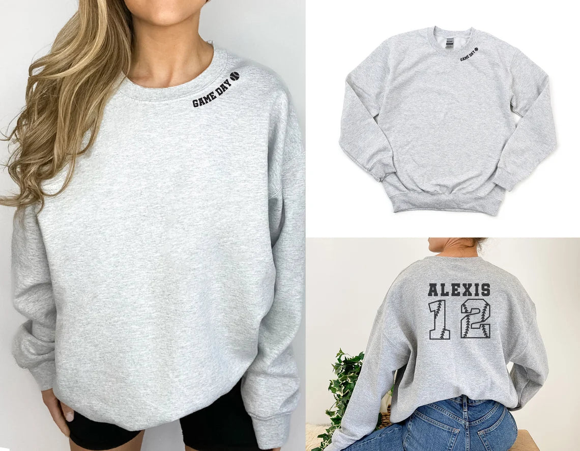 Baseball Game Day Sweatshirt with print on neckline and numbers on back, Mom Gift Sweatshirt, Baseball Mom Sweater, Mom Fan Sweatshirt