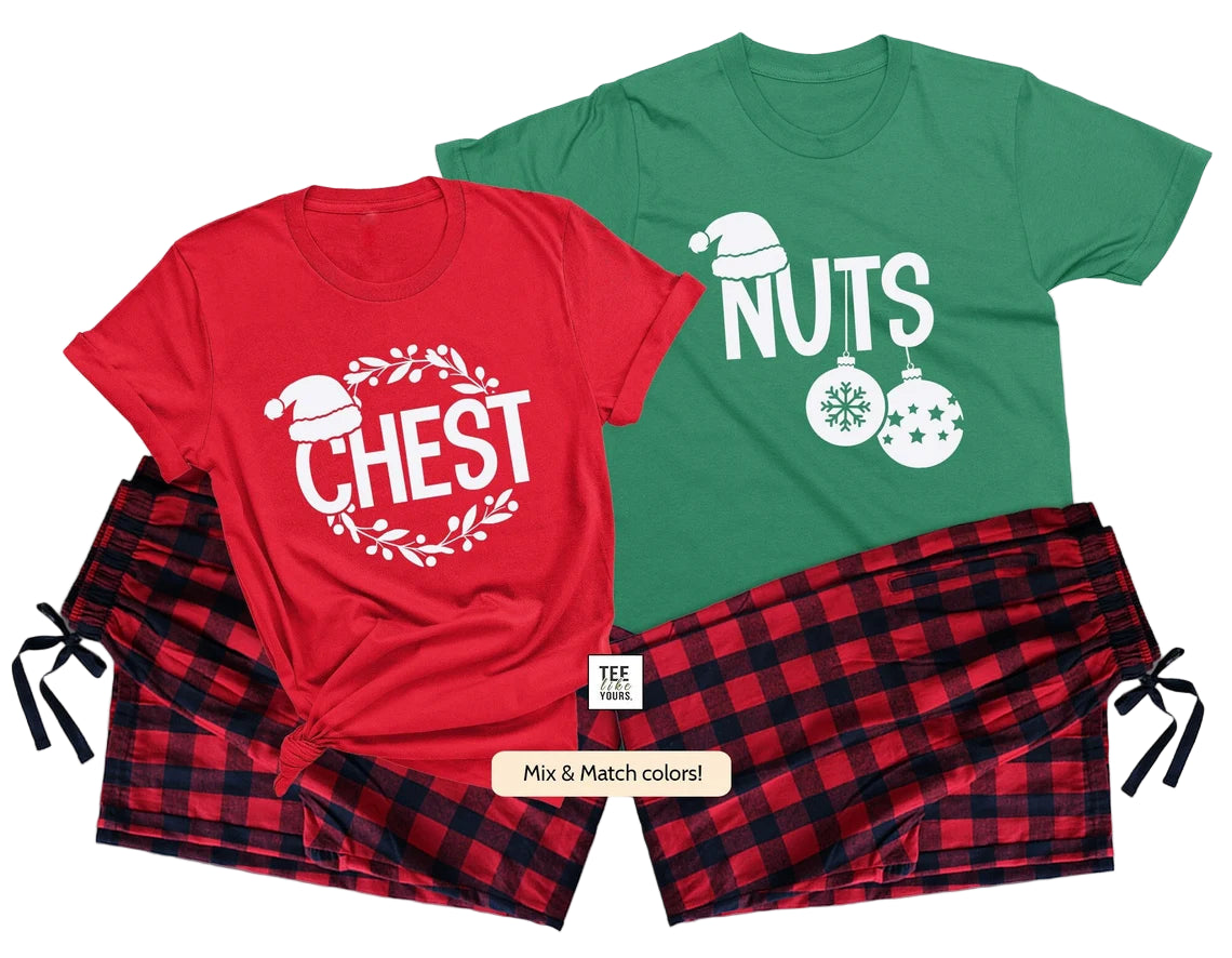 Chest & Nuts Funny Matching Christmas Pajama Set for Couples | Holiday PJs | His and Hers Couple Pajamas | Chestnuts Xmas Pajamas | Each set is sold separately