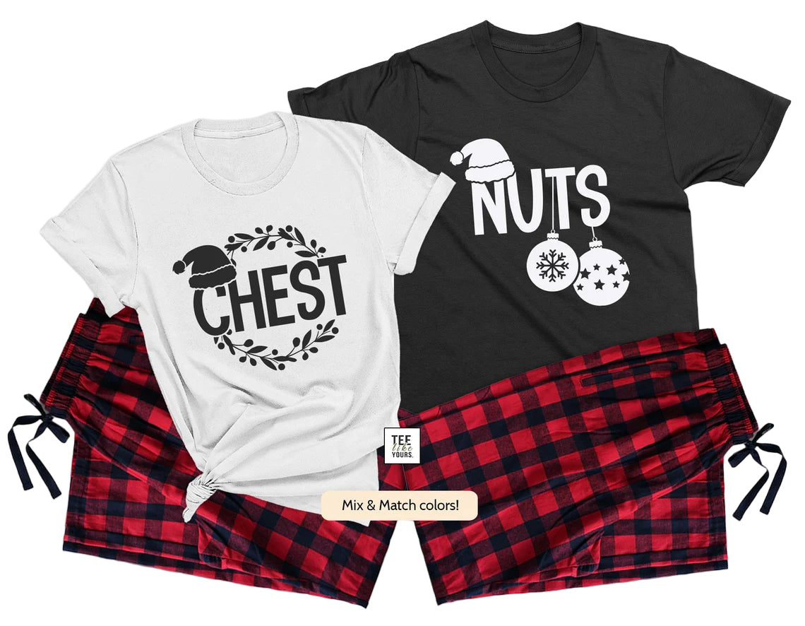 Chest & Nuts Funny Matching Christmas Pajama Set for Couples | Holiday PJs | His and Hers Couple Pajamas | Chestnuts Xmas Pajamas | Each set is sold separately