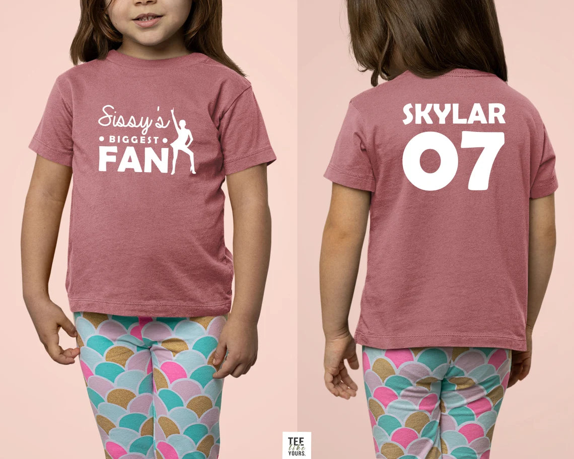 Custom fan onesie jerseys-Sister's/Brother's Biggest Fan, Dance Onesie and t-shirt with name and number on back. Sibling dance custom t-shirts