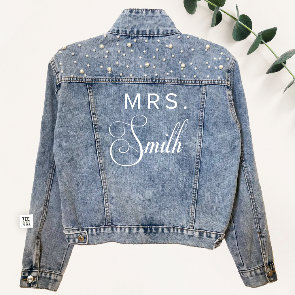 Personalized Bridal Denim Jacket with Pearls | Custom Mrs. Jacket for Bride