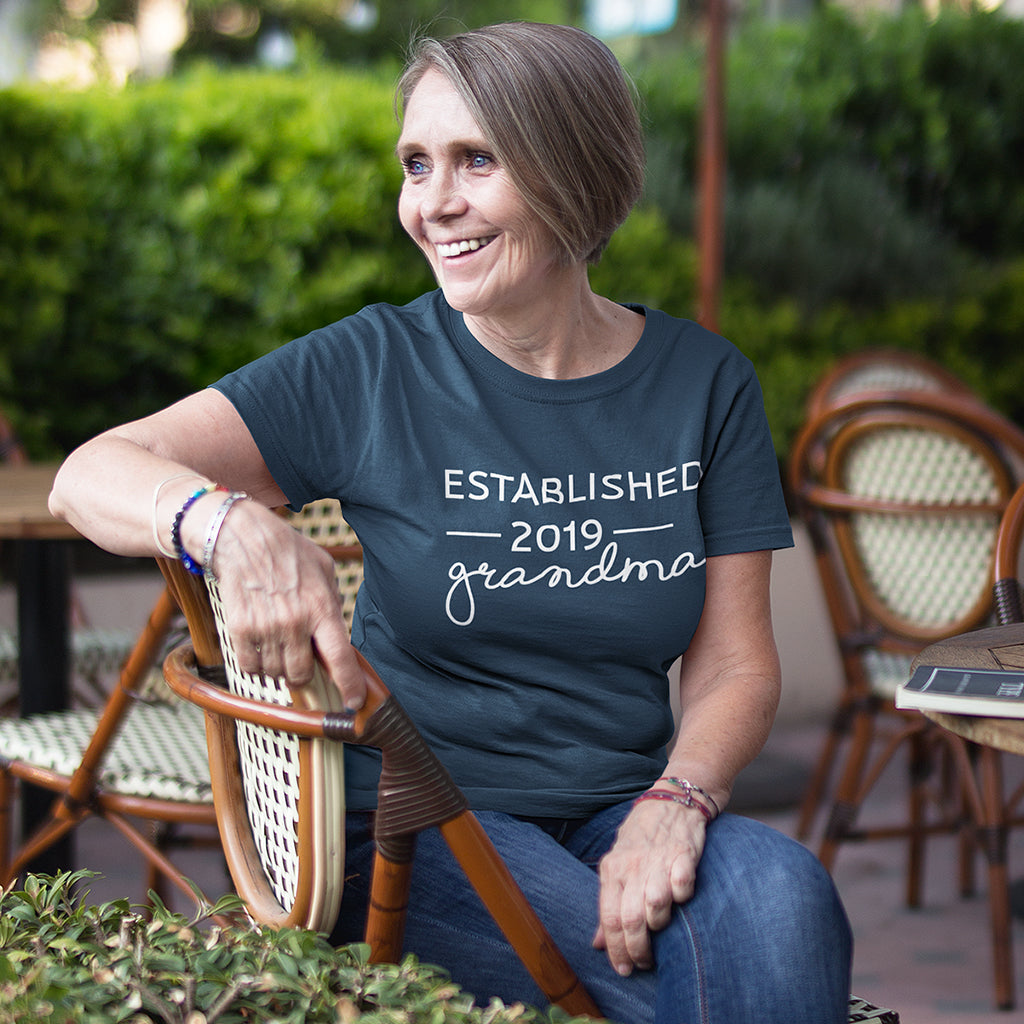 Established 2019 Grandma short sleeve Pregnancy Announcement Graphic T-Shirt_Navy color at TeeLikeYours.com
