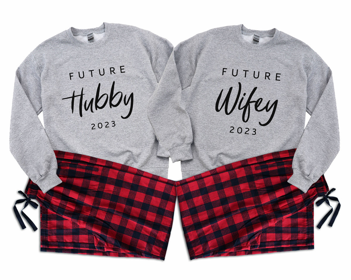 Future Wifey & Future Hubby - Couple Matching Pajamas, Engagement Gift, Fiance gift, Personalized gift for Couple, Newlywed Custom pajamas athletic heather sweatshirts plus red black pants